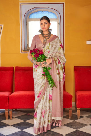White Soft Cotton Silk With Floral Print Saree_Kumari sarees
