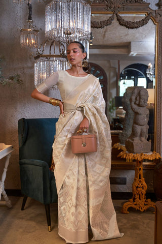White Pure Linen Handloom Weaving Saree_Kumari Sarees