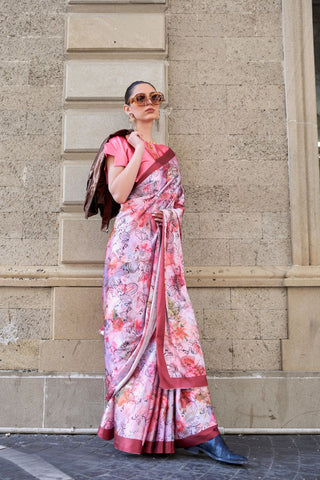 White Digital Print Satin Crepe Saree_Kumari Sarees
