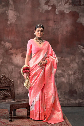 White & Peach Handloom Weaving Silk Saree_Kumari Sarees