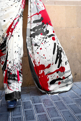 White & Red Print Satin Crepe Saree_Kumari Sarees