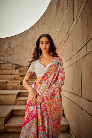 White Kashmiri Handloom Weaving Saree_Kumari Sarees