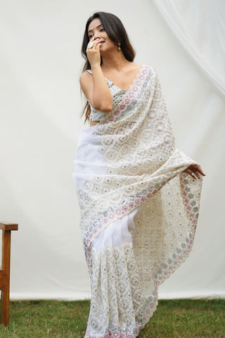 White Organza Silk Saree_Kumari Sarees