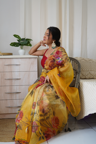 Yellow Organza Silk Saree_Kumari Sarees