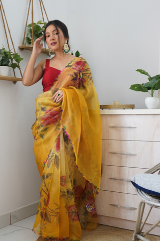 Yellow Organza Silk Saree_Kumari Sarees
