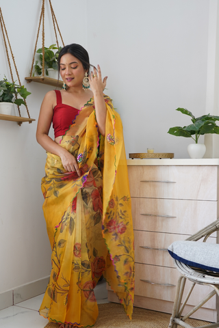 Yellow Organza Silk Saree_Kumari Sarees