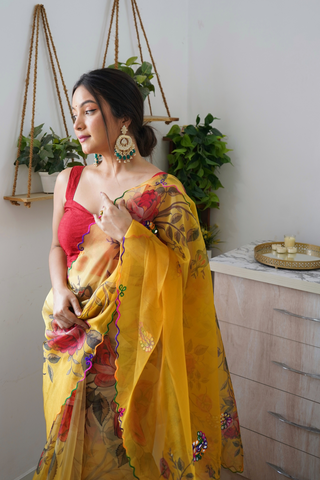 Yellow Organza Silk Saree_Kumari Sarees