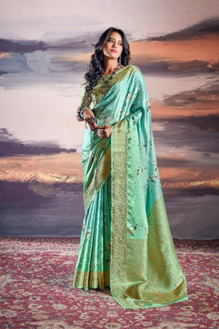 Yellow & Green Pure Satin Saree_Kumari Sarees