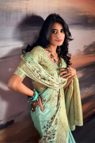 Yellow & Green Pure Satin Saree_Kumari Sarees