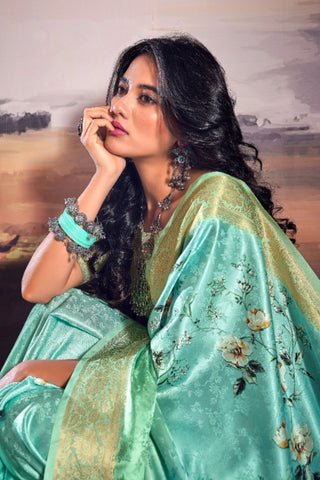 Yellow & Green Pure Satin Saree