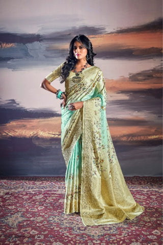 Yellow & Green Pure Satin Saree_Kumari Sarees