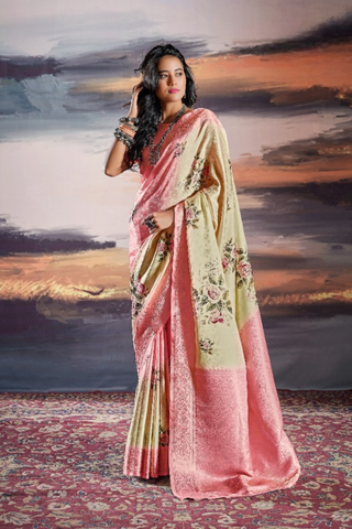 Yellow & Pink Pure Satin Saree_Kumari Sarees