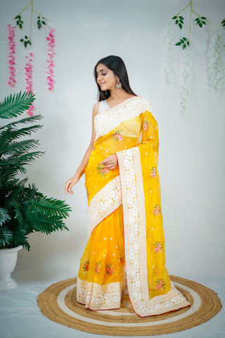Yellow Soft Organza Silk Saree_Kumari Sarees