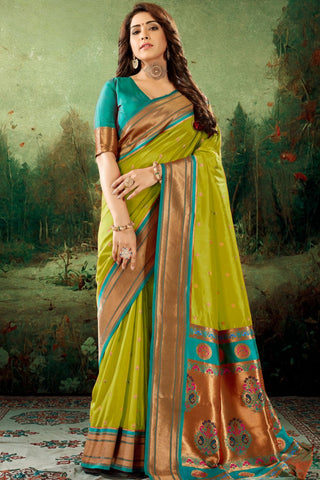 Olive Green Soft Peshwai Paithani Silk Saree_Kumari Sarees