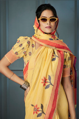 Yellow Handloom Linen Saree_Kumari Sarees