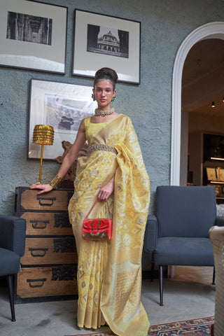 Yellow Pure Linen Handloom Weaving Saree_Kumari Sarees