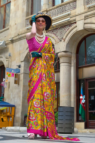 Yellow Satin Crepe Saree_Kumari sarees_Kumari Sarees