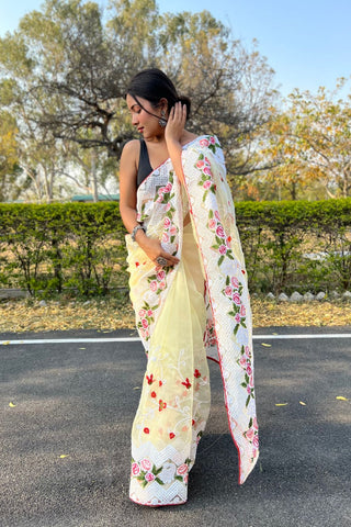 Yellow Organza Silk Saree_Kumari Sarees