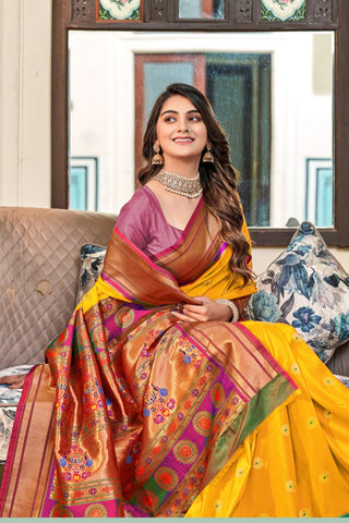 Yellow Soft Peshwai Paithani Silk Saree_Kumari Sarees
