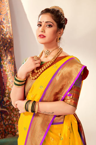 Yellow Soft Peshwai Paithani Silk Saree_Kumari Sarees