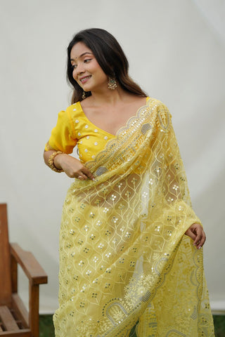 Yellow Organza Silk Saree_Kumari Sarees