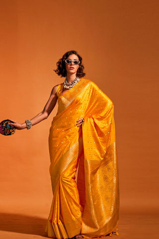 Yellow Satin Handloom Woven Saree_Kumari Sarees