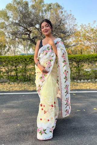 Yellow Organza Silk Saree_Kumari Sarees