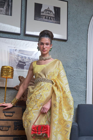 Yellow Pure Linen Handloom Weaving Saree_Kumari Sarees