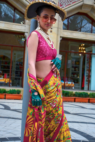 Yellow Satin Crepe Saree_Kumari sarees_Kumari Sarees