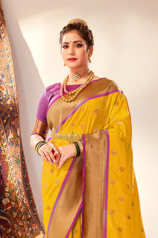 Yellow Soft Peshwai Paithani Silk Saree_Kumari Sarees
