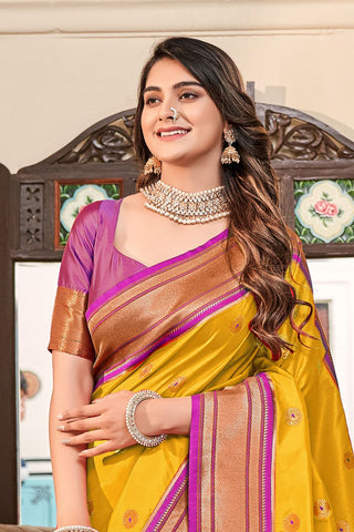 Yellow Soft Peshwai Paithani Silk Saree_Kumari Sarees