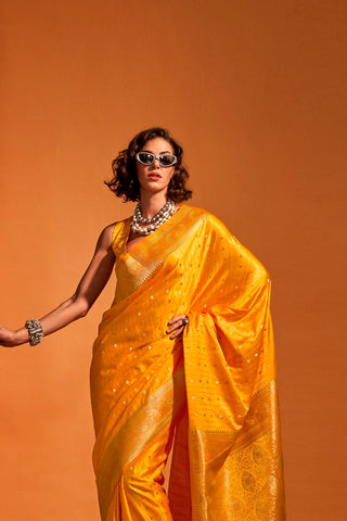 Yellow Satin Handloom Woven Saree_Kumari Sarees