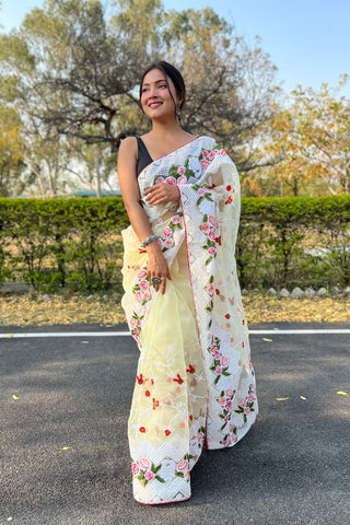 Yellow Organza Silk Saree_Kumari Sarees