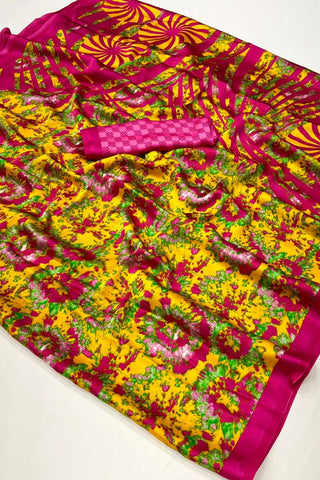 Yellow Satin Crepe Saree_Kumari sarees_Kumari Sarees