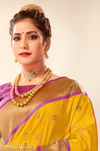 Yellow Soft Peshwai Paithani Silk Saree_Kumari Sarees