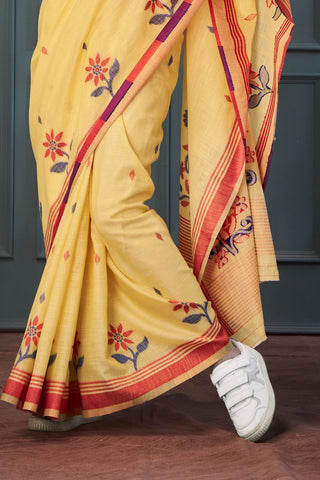 Yellow Handloom Linen Saree_Kumari Sarees