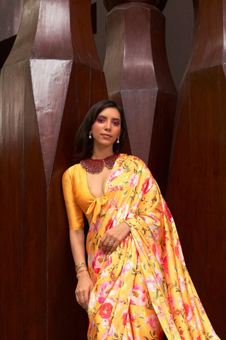 Yellow Digital Printed Satin Crepe Saree_Kumari Sarees