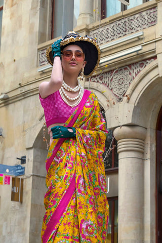 Yellow Satin Crepe Saree_Kumari sarees_Kumari Sarees