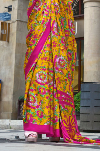 Yellow Satin Crepe Saree_Kumari sarees_Kumari Sarees