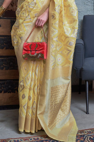 Yellow Pure Linen Handloom Weaving Saree_Kumari Sarees