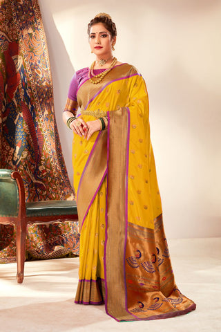 Yellow Soft Peshwai Paithani Silk Saree_Kumari Sarees