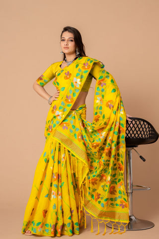 Yellow Soft Cotton Jamdani Saree_Kumari Sarees