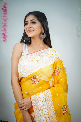 Yellow Soft Organza Silk Saree_Kumari Sarees