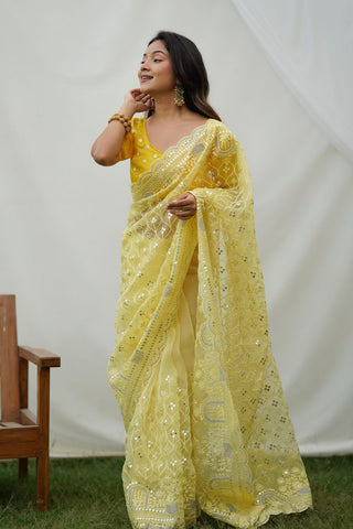 Yellow Organza Silk Saree_Kumari Sarees