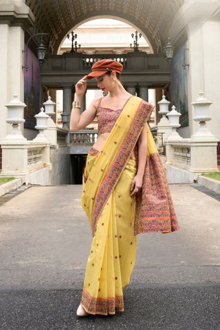 Yellow Soft Linen Cotton Saree_Kumari Sarees