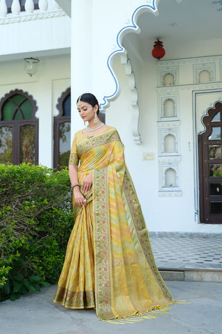 Yellow Organza Leheriya Woven Saree_Kumari Sarees