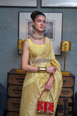 Yellow Pure Linen Handloom Weaving Saree_Kumari Sarees
