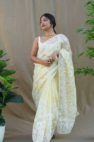 Yellow Organza Silk Saree_Kumari Sarees