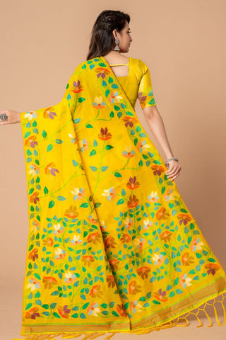 Yellow Soft Cotton Jamdani Saree_Kumari Sarees