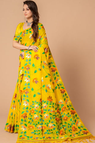 Yellow Soft Cotton Jamdani Saree_Kumari Sarees